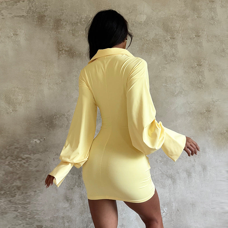 Yellow Ruched Long Sleeve Shirt Mini Dress