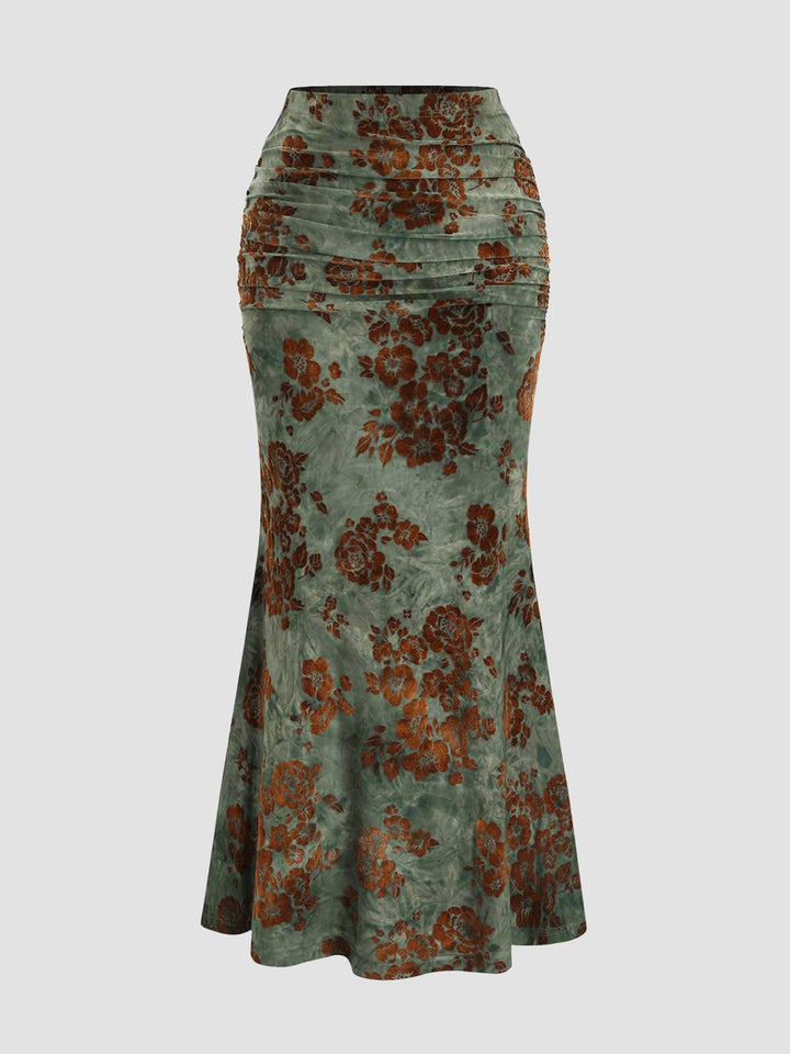 Floral Halter Top Ruched Midi Skirt Two-Piece Set
