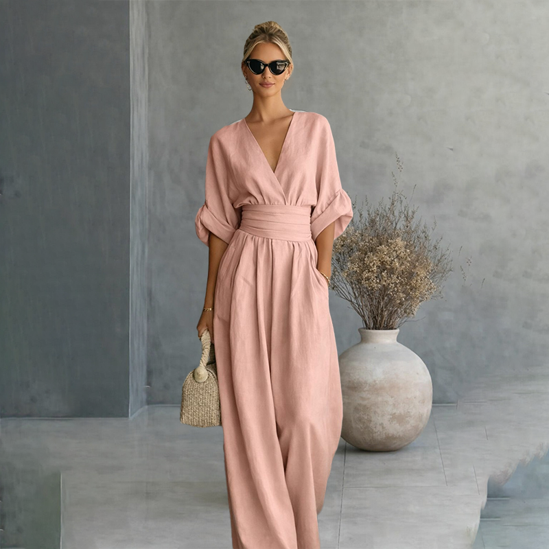 V-neck waist-cinching jumpsuit
