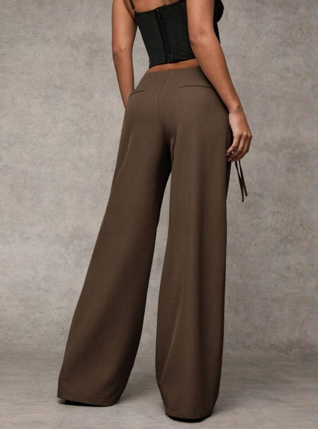 Low-Rise Tie Waist Wide Leg Trousers | Tailored Flare Pants with Metal Ring Detail for Women