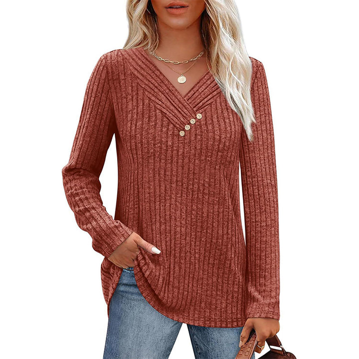 V-neck button-down long-sleeved shirt sweater