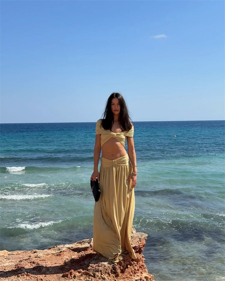 Beige Ruched 3-Piece Swimsuit Set with Off-Shoulder Top and High-Waisted Maxi Skirt