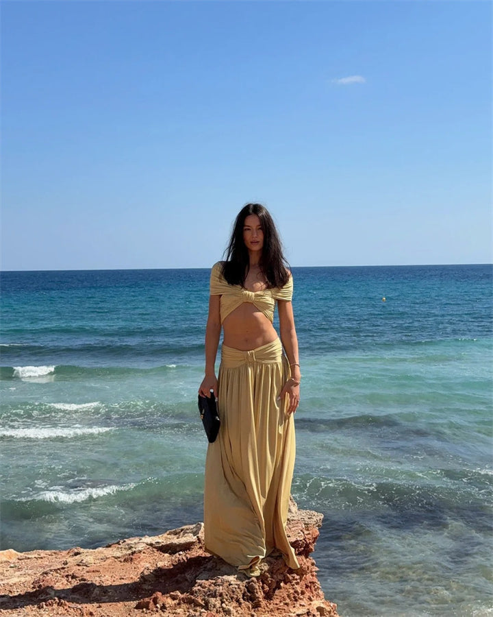 Beige Ruched 3-Piece Swimsuit Set with Off-Shoulder Top and High-Waisted Maxi Skirt
