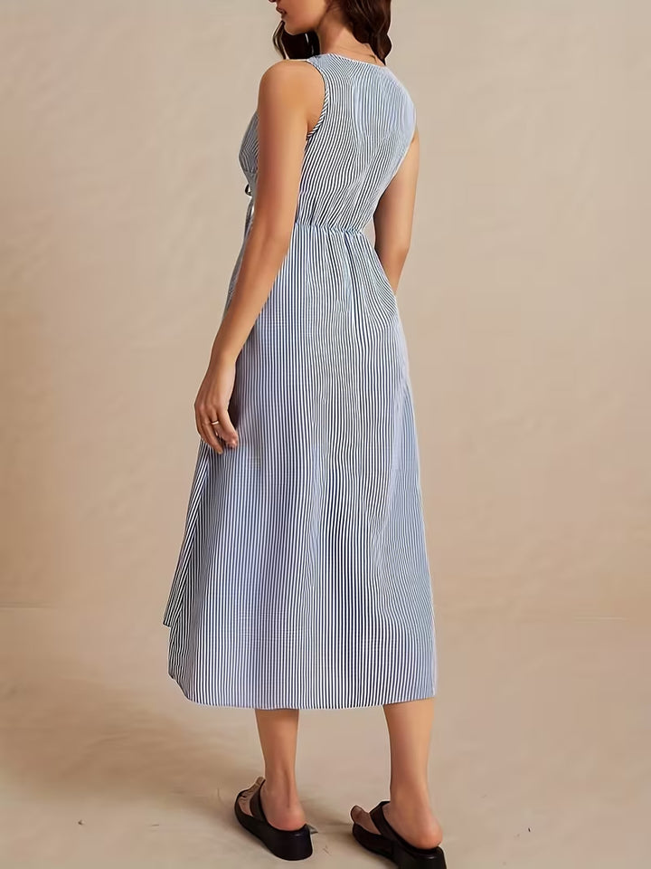 Striped Sleeveless V-Neck Midi Dress with Tie Front, Casual Summer A-Line Dress for Women