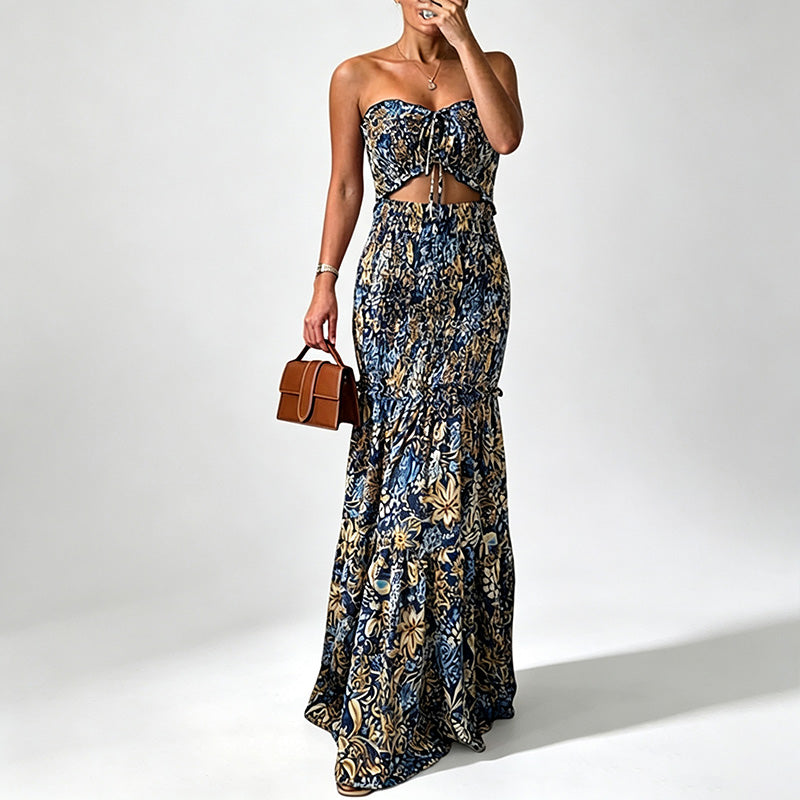 Strapless multi-colored printed pleated maxi dress