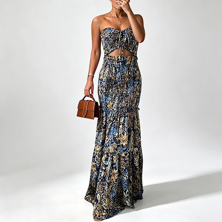 Strapless multi-colored printed pleated maxi dress