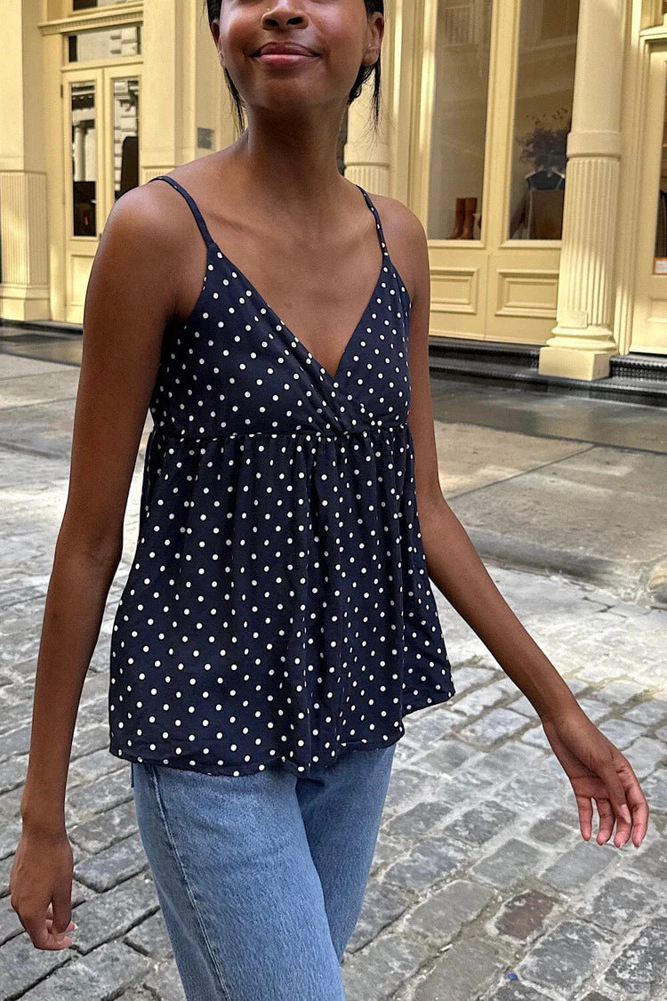 Polka Dot Deep V Babydoll Cami Top | Cream &amp;amp; Black Y2K Sweetheart Peplum Blouse