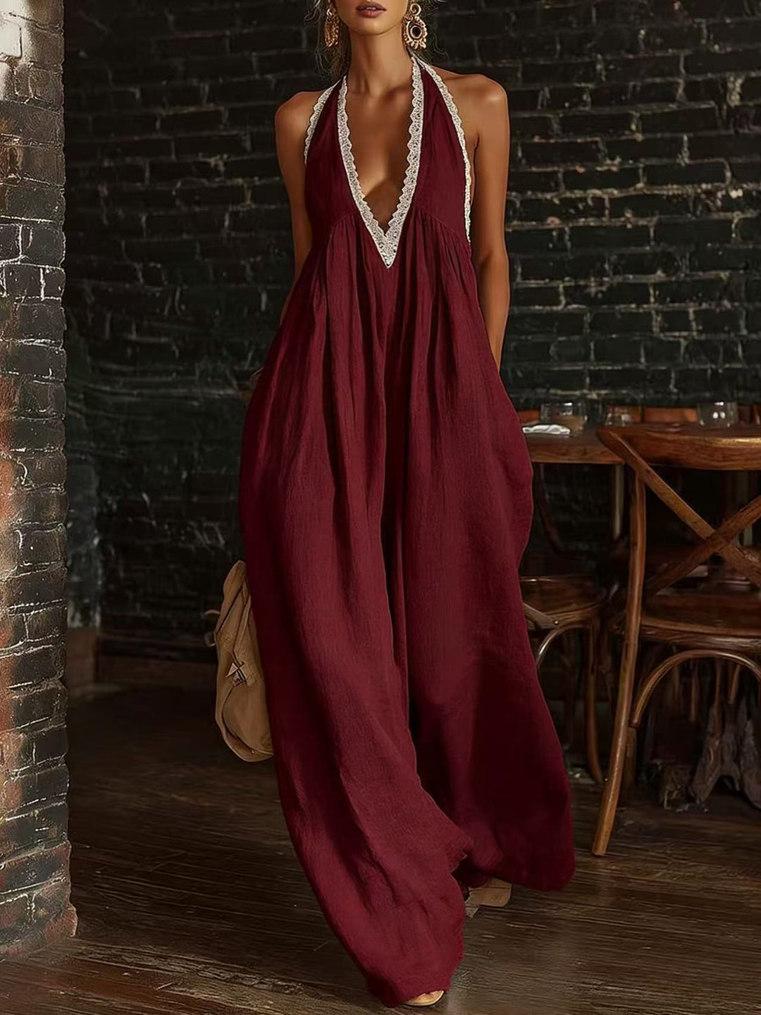 White Lace Trim Halter Deep V Wide Leg Linen Blend Jumpsuit with Side Pockets