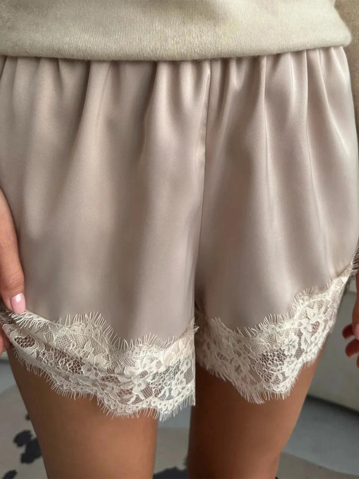 Satin Lounge Shorts with Eyelash Lace Trim, Elastic Waist Pajama Shorts