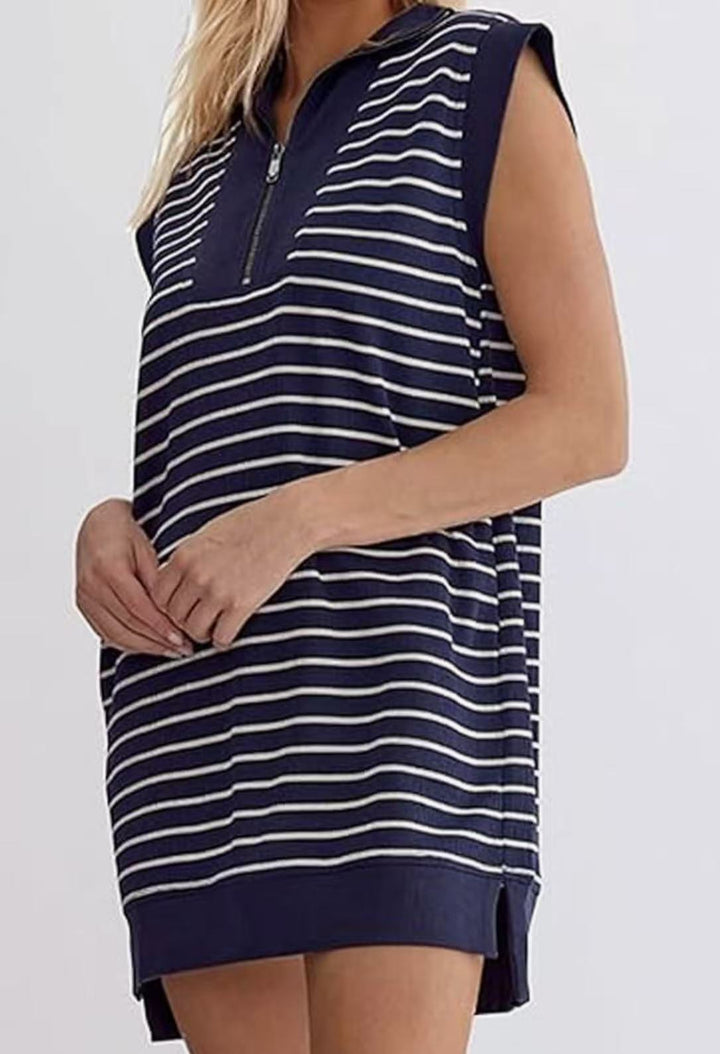 Breton Stripe Half-Zip Cap Sleeve Shift Dress