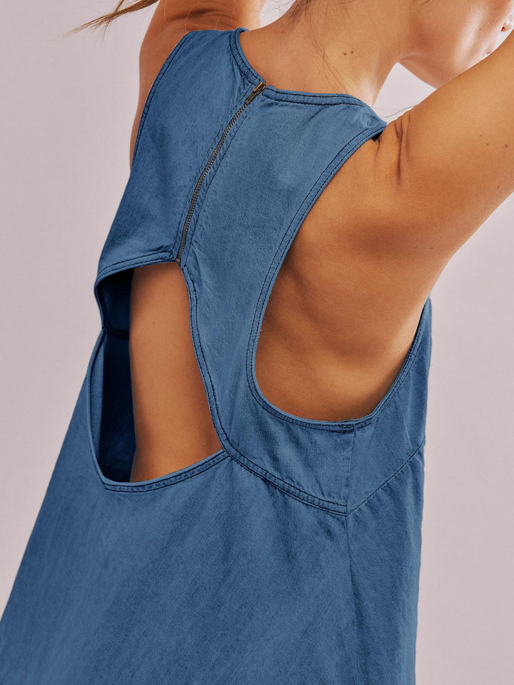 Backless Denim Mini Babydoll Dress with Pockets