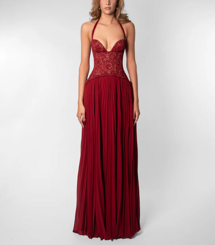 Olive Green Lace Halter Pleated Maxi Dress