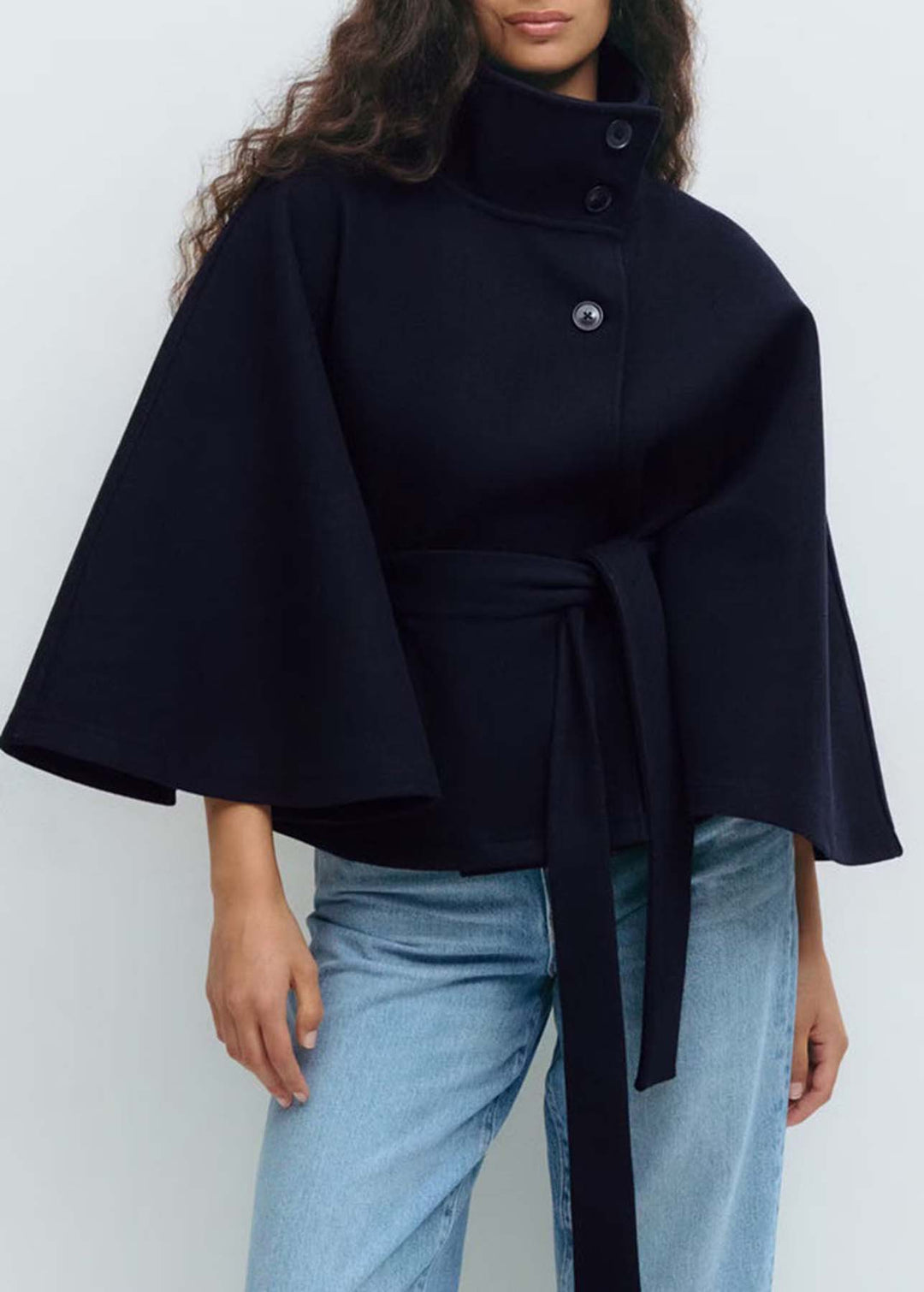High-Neck Asymmetrical Button Cape Coat with Belt