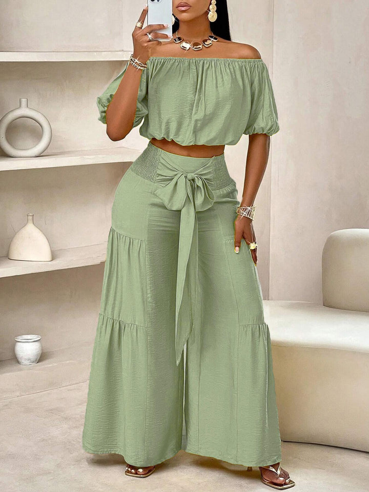 Off-Shoulder Puff Sleeve Crop Top &amp;amp; Tie-Waist Tiered Wide Leg Pants Two-Piece Set