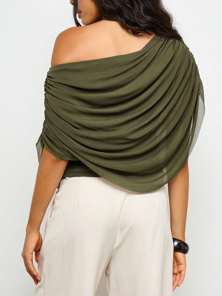 Asymmetric Off Shoulder Draped Mesh Sleeveless Blouse