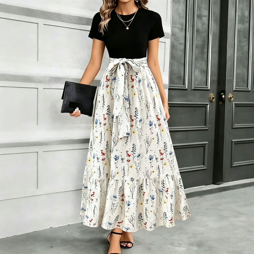 Tie Waist Patchwork Long Maxi Dress