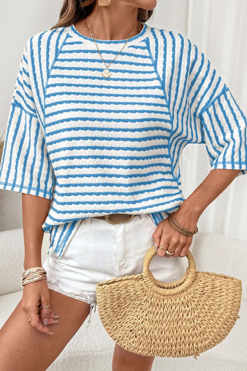 Pink Textured Striped Raglan Sleeve Casual Tee