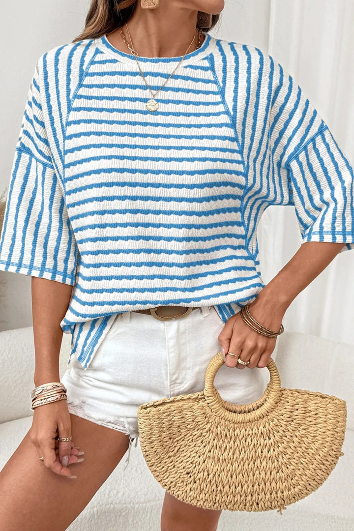 Pink Textured Striped Raglan Sleeve Casual Tee