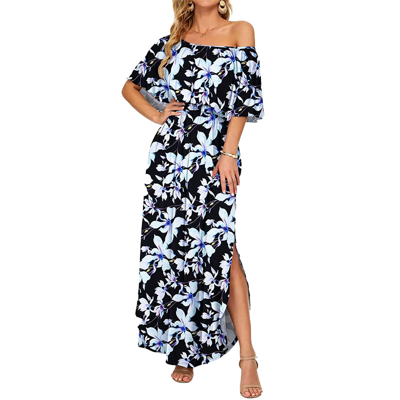 Printed off-shoulder short-sleeved long dress