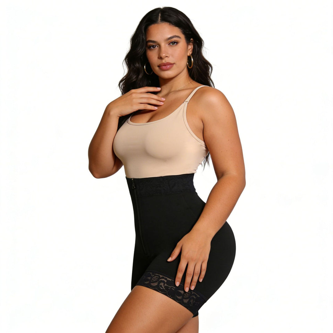 High-Waisted Lace Trim Shapewear Shorts, Zipper Tummy Control Body Shaper