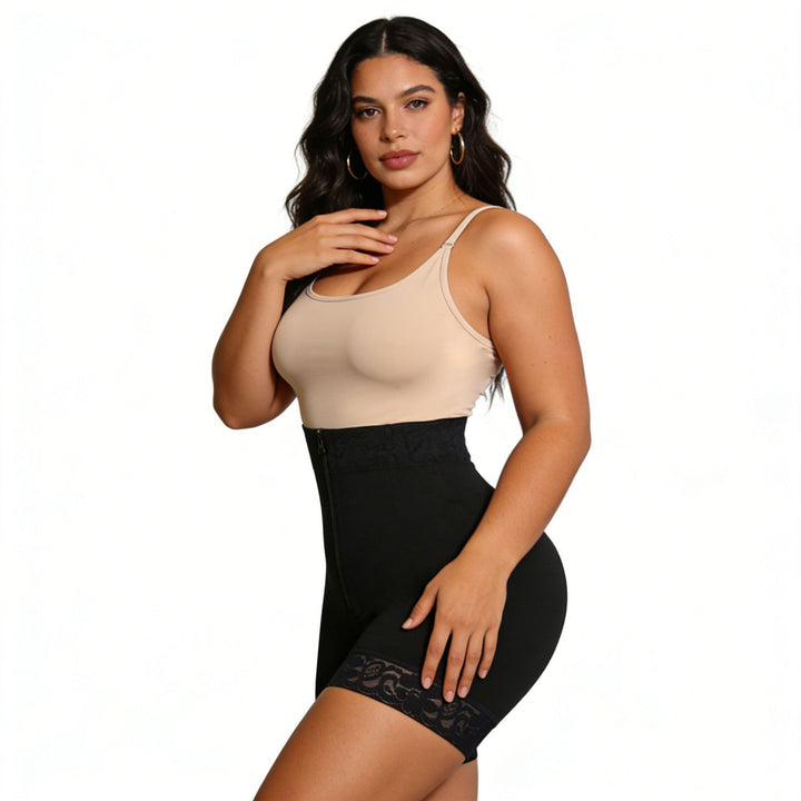 High-Waisted Lace Trim Shapewear Shorts, Zipper Tummy Control Body Shaper