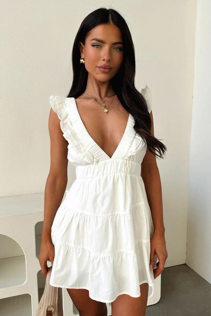 Floral Deep V Open Back Mini Dress | Ruffle Tiered Babydoll Summer Sundress