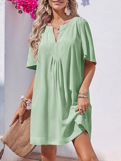 Loose-Fit Tunic Dress, V-Neck with Pleats &amp;amp; Flowy Half Sleeves
