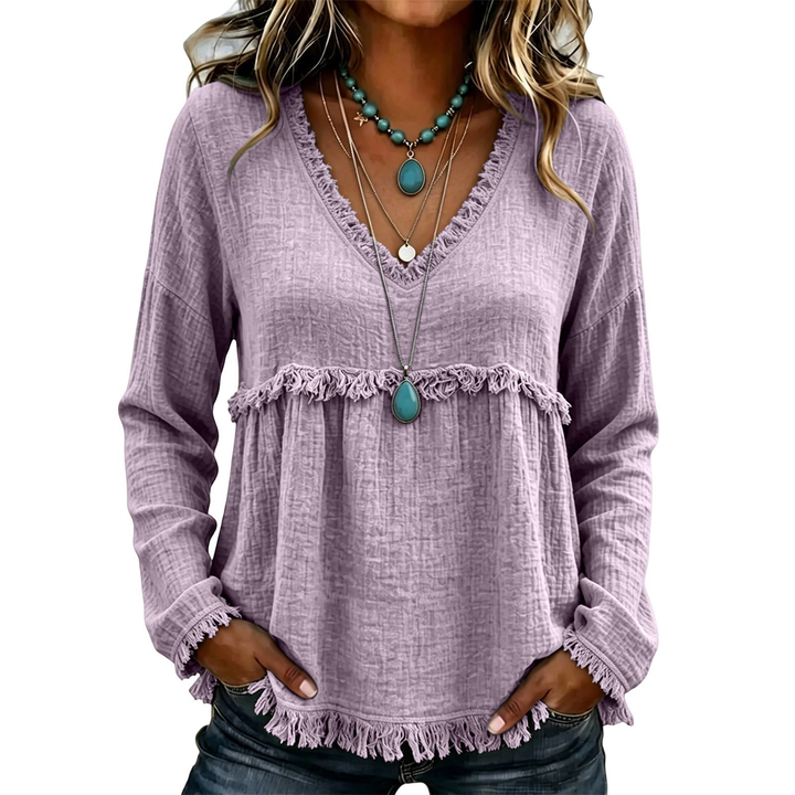 Boho Fray Trim V Neck Long Sleeve Top
