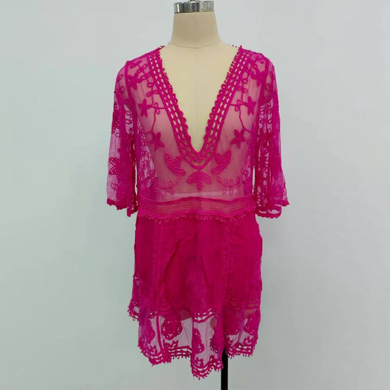 V-neck lace embroidered cover-up