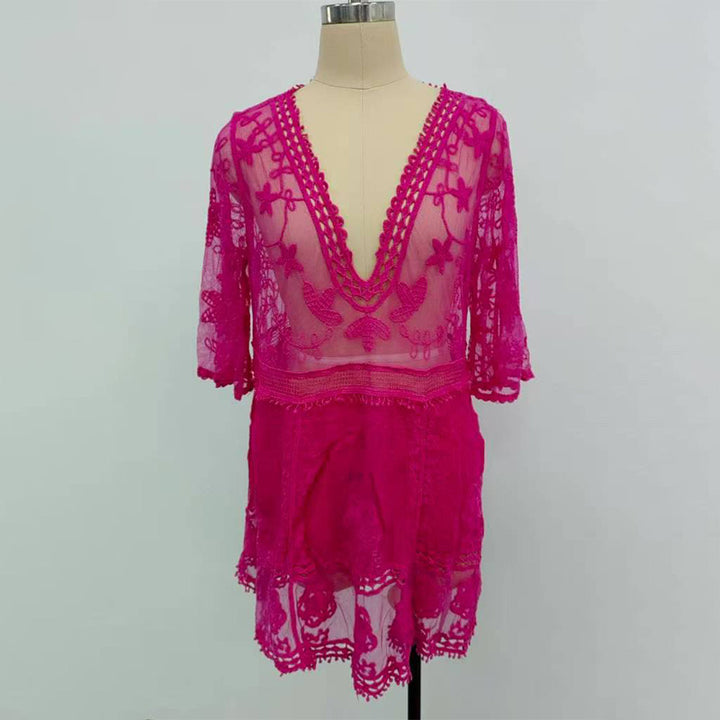 V-neck lace embroidered cover-up