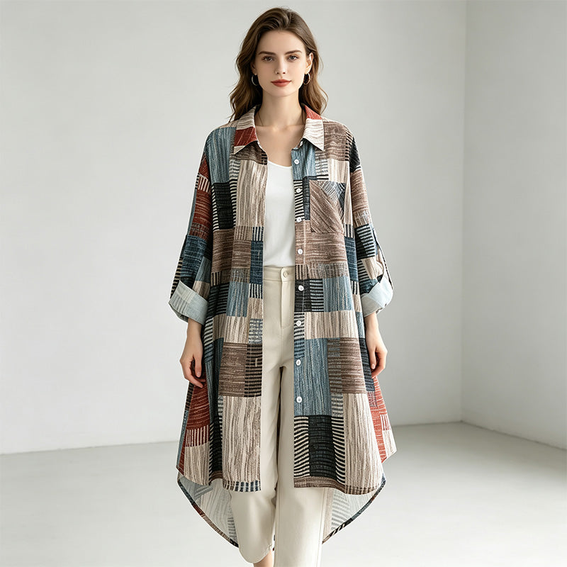 Patchwork plaid long-sleeved cardigan