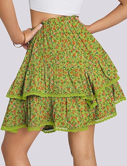 Floral Tiered Ruffle Mini Skirt with Lace Trim
