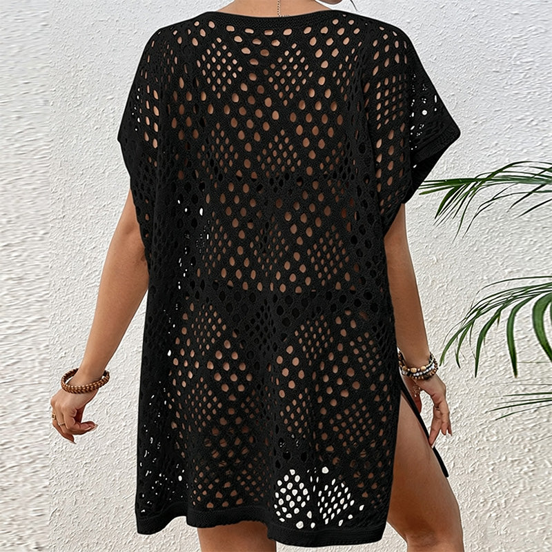 Loose-fitting mid-length openwork beach cover-up