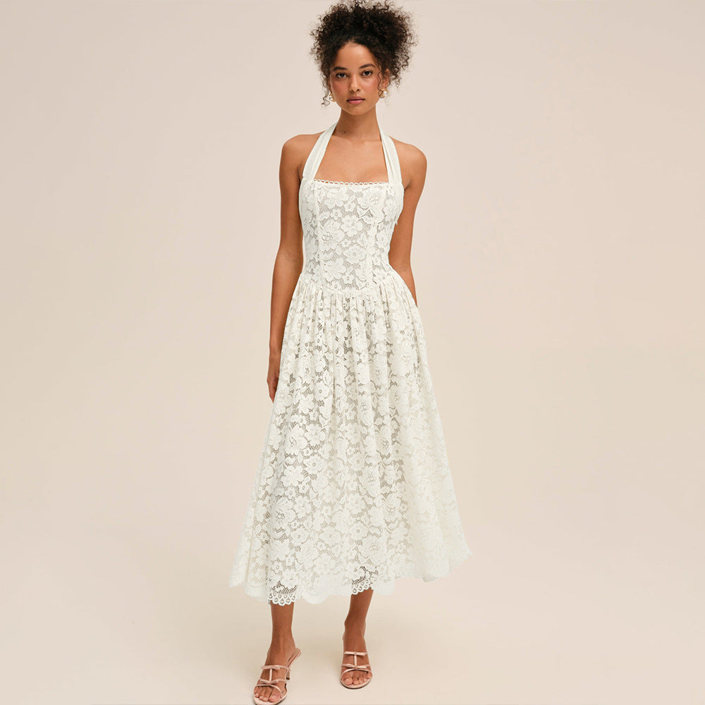 White Lace Halter Neck Midi Dress