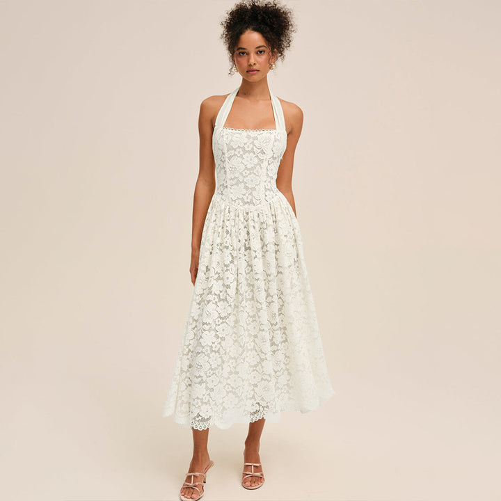 White Lace Halter Neck Midi Dress
