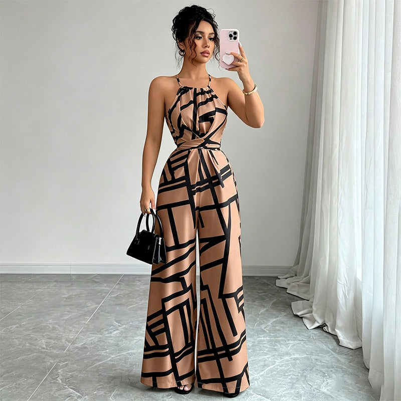 Halter-neck loose-fitting printed wide-leg jumpsuit