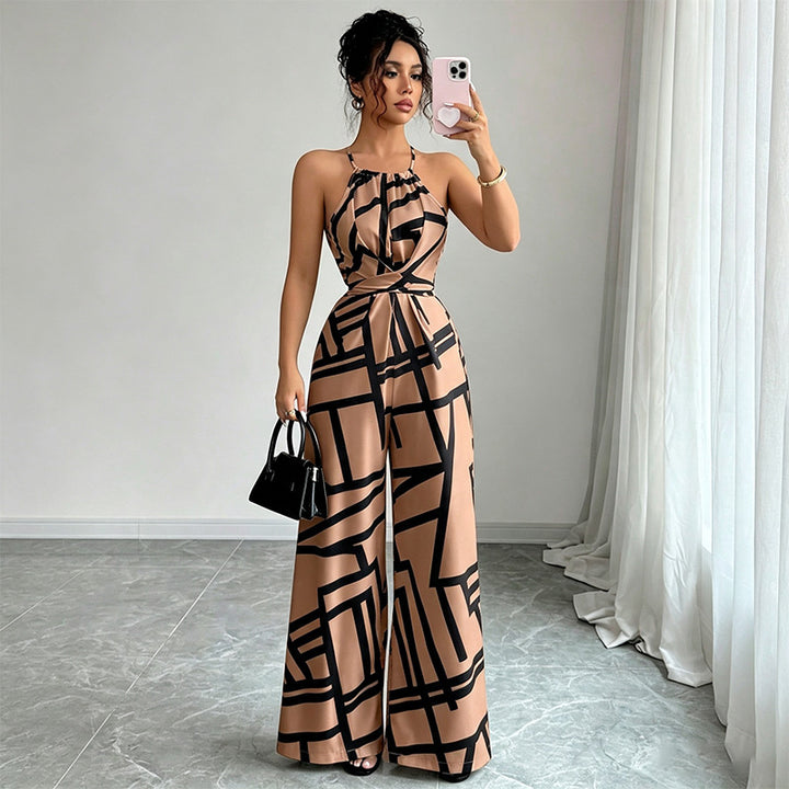 Halter-neck loose-fitting printed wide-leg jumpsuit
