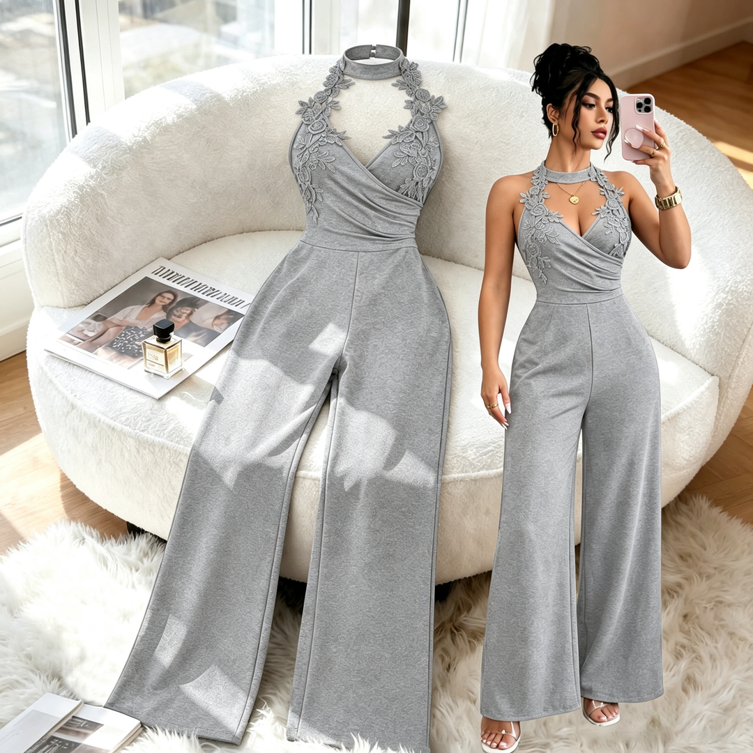 Halter Floral Lace Applique Wide Leg Jumpsuit