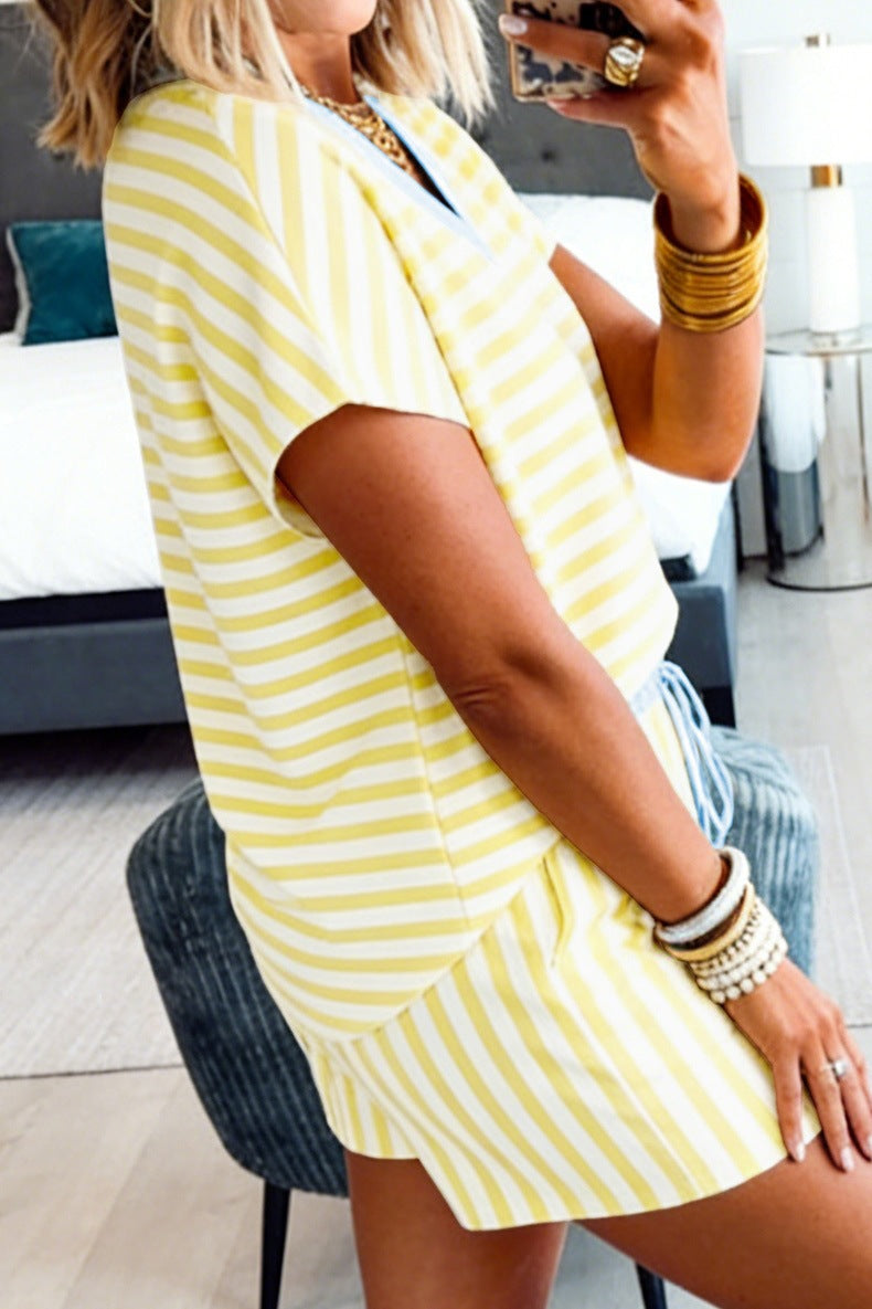 Yellow Striped 2-Piece Loungewear Set with Light Blue Trim