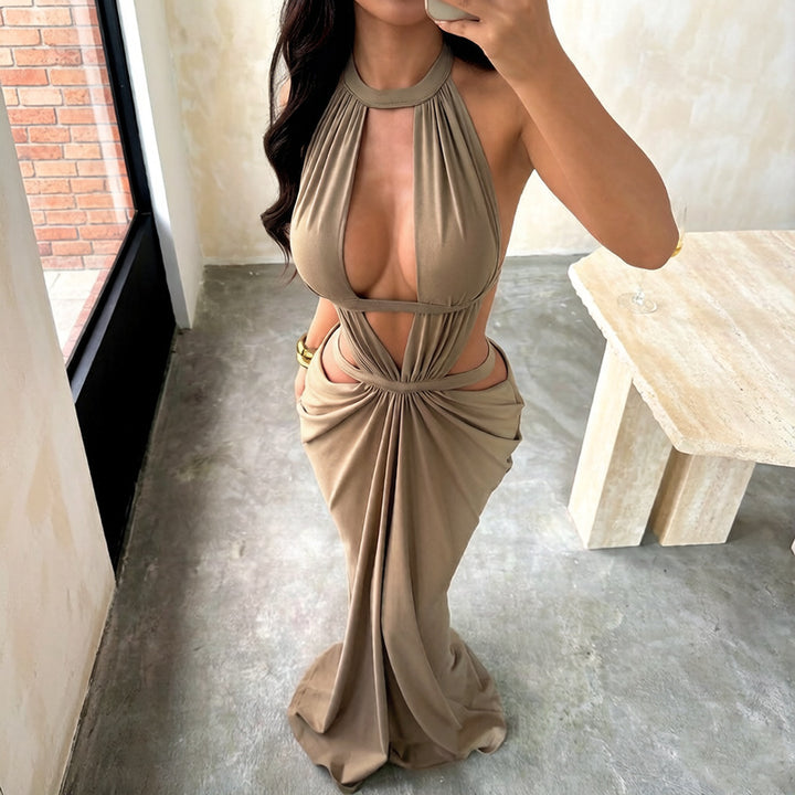 Halter Cutout Ruched Mermaid Maxi Dress