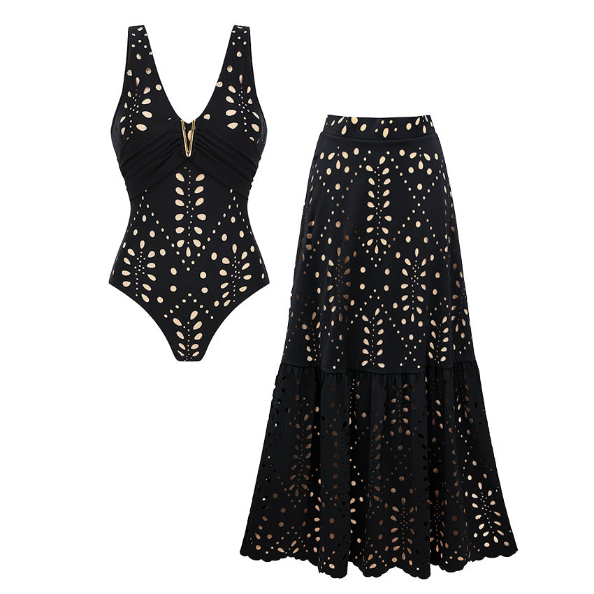 White Laser-Cut One-Piece Swimsuit with Matching Maxi Cover-Up Skirt Set