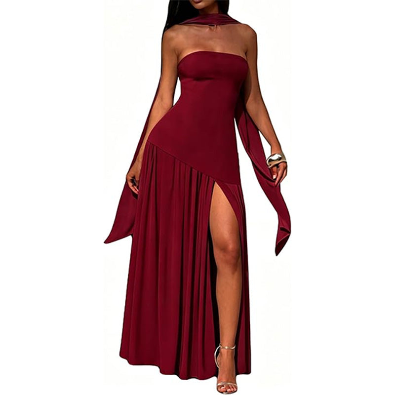 Stylish strapless solid color backless slit dress