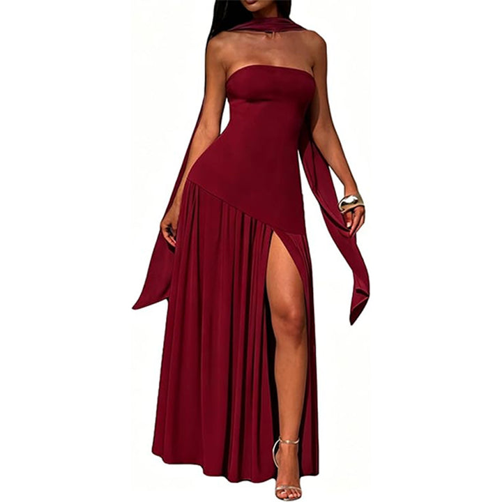 Stylish strapless solid color backless slit dress