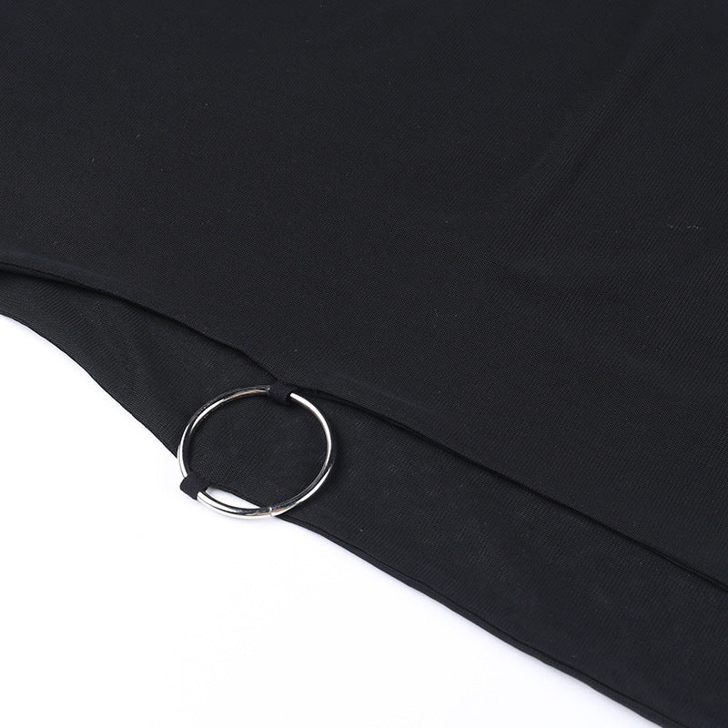 Black Mesh Halter Cover-Up Dress with Cut-Out Rings