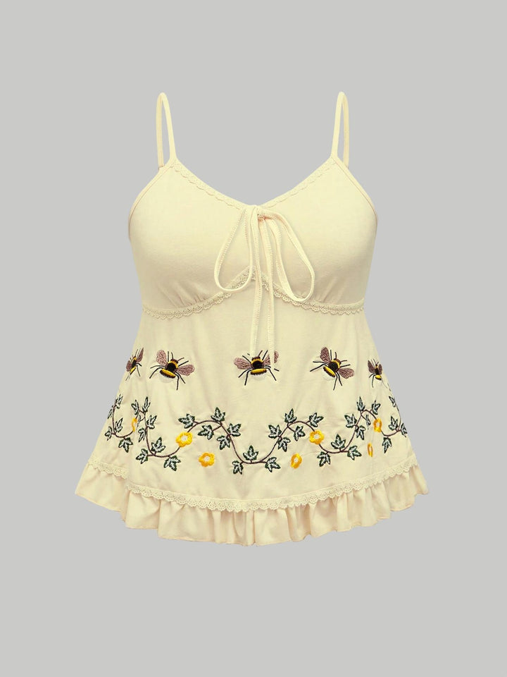 Embroidered Lace Trim Cami Top, Boho Peplum Spaghetti Strap Tank
