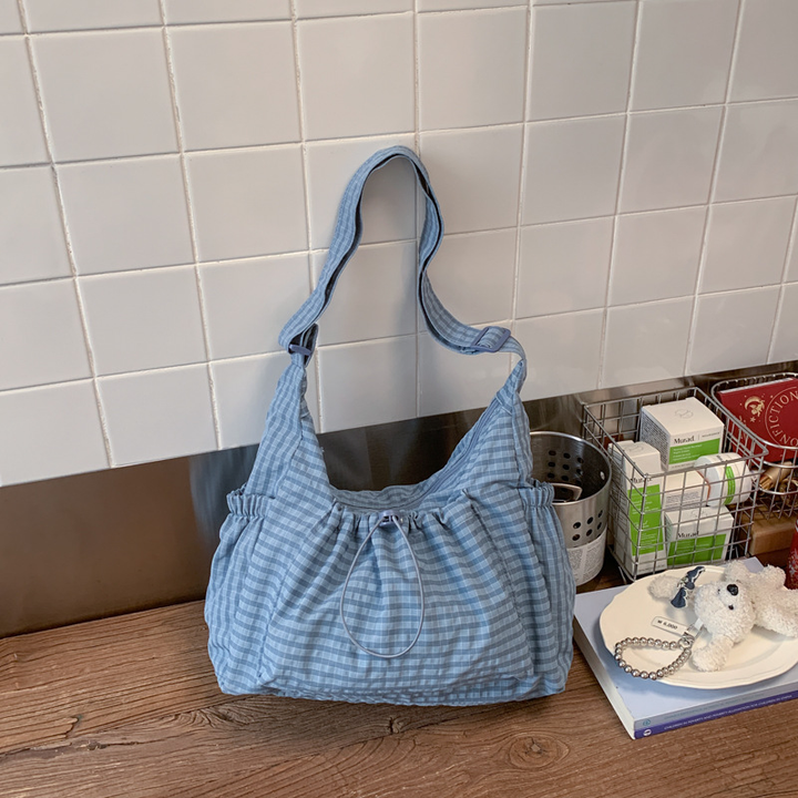 Drawstring Checkered Hobo Shoulder Bag