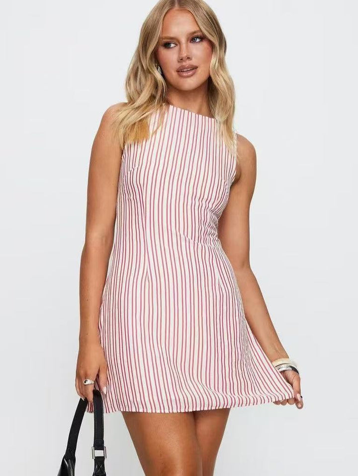 Linen-BlendSleeveless Striped Mini Dress with Back Tie