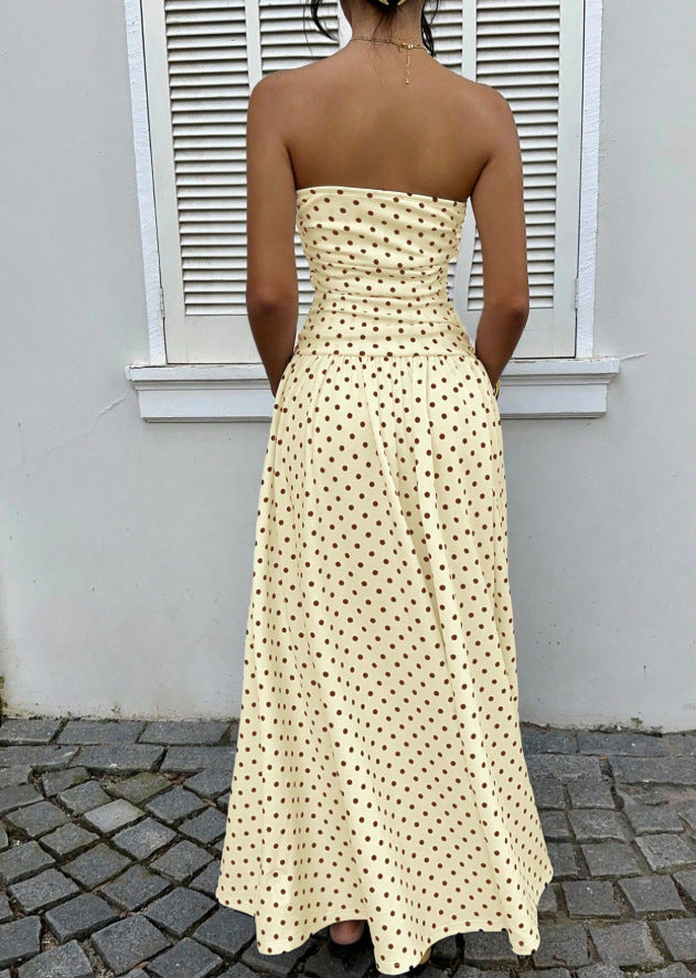 White Polka Dot Strapless Ruched Maxi Dress
