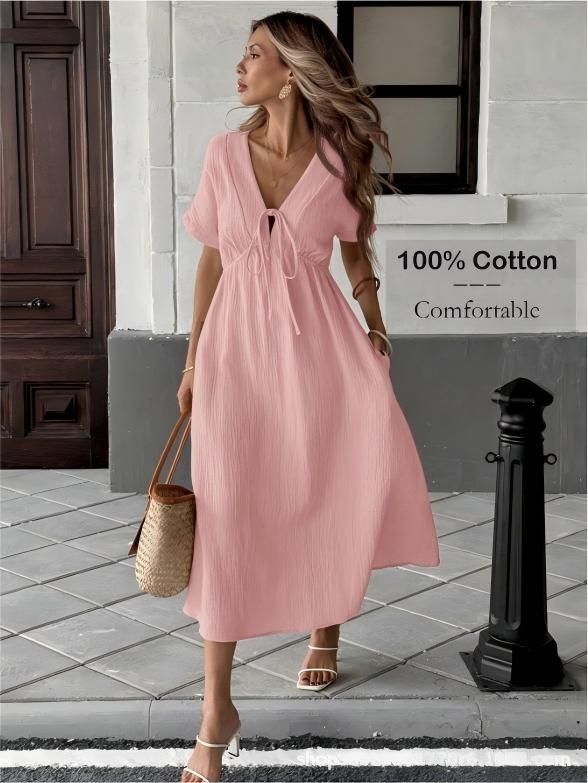 Crinkle Texture Tie Front V Neck Short Sleeve Midi Swing Dress With Pockets