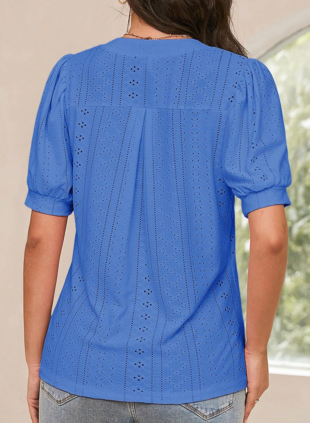 Eyelet Puff Sleeve Split Neck Blouse
